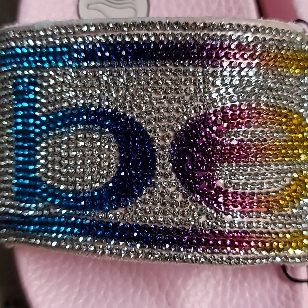 Bebe Girls Light Pink Multicolored Rhinestone Logo Slides, Size XL (4/5)